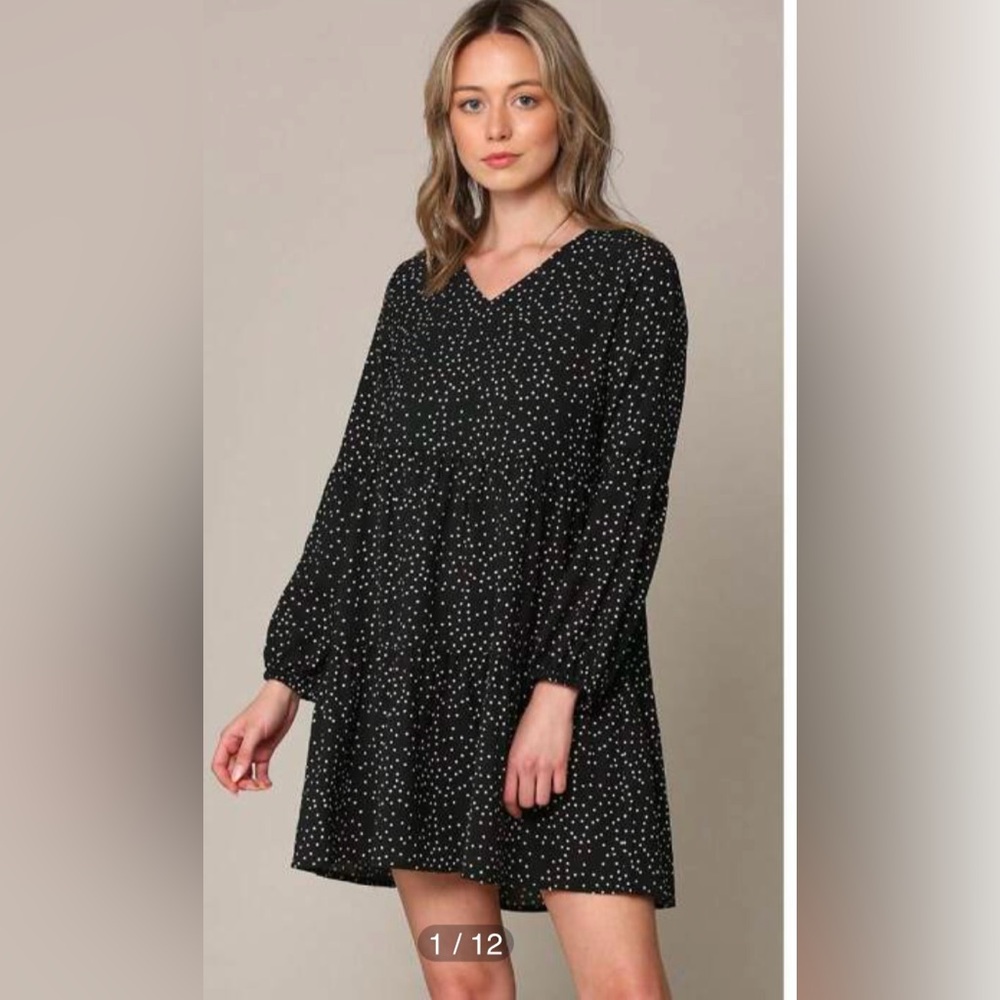 NWOT Polka Dot Flowy Swing Shift Long Sleeve Tiered Mini Dress L